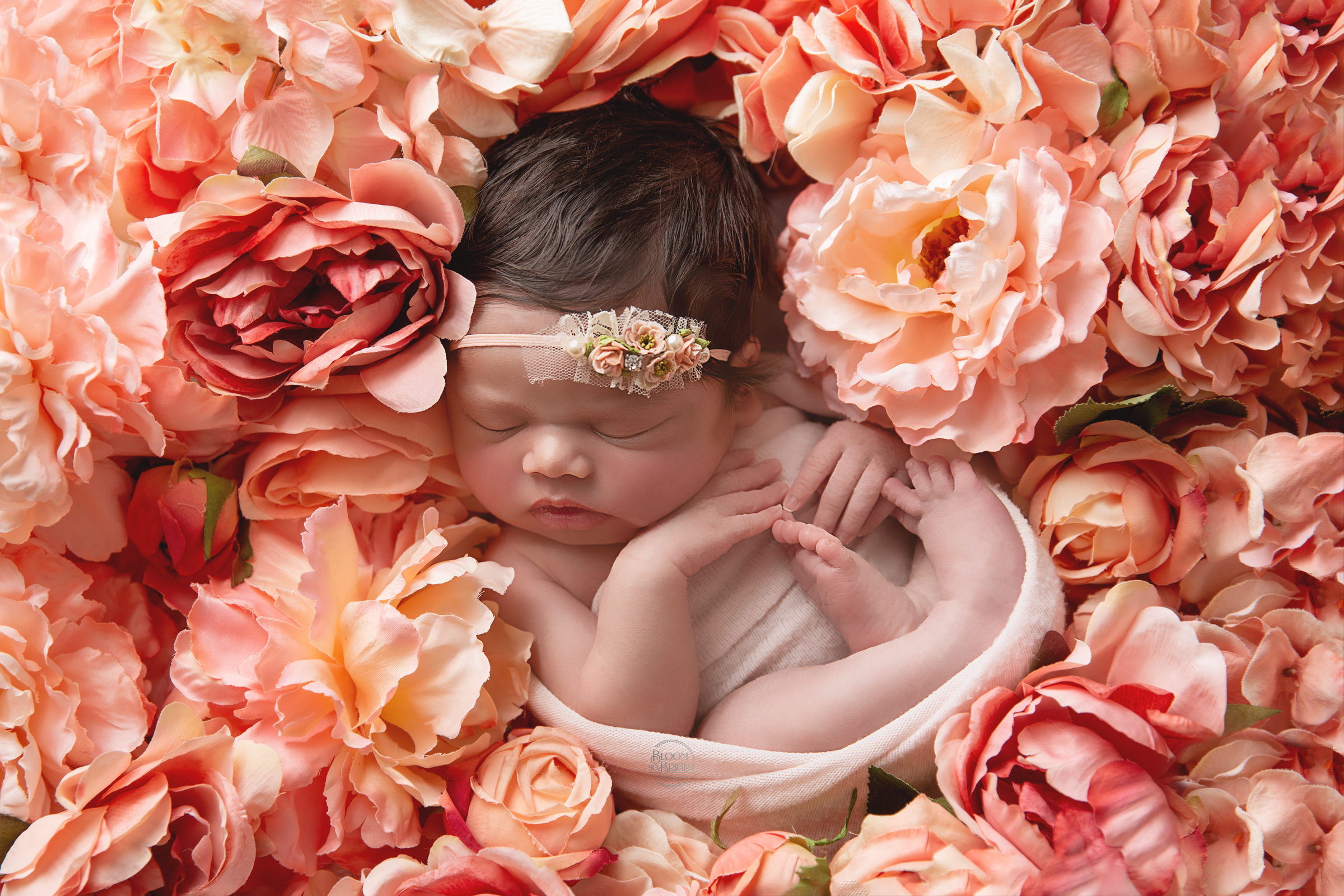 Newborn in a wreath of light pink and blush flowers